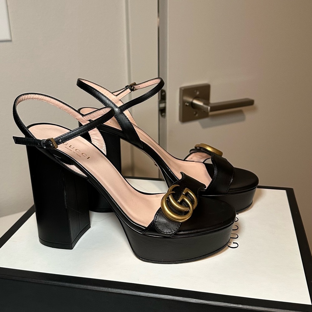 Authentic Gucci Black Calfskin GG Marmont Ankle Wrap Platform Sandals